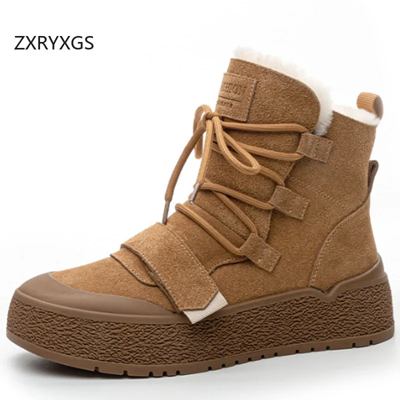 ZXRYXGS 2024 Premium Cow Suede Wool Boots Winter Warm Shoes Snow Boots Platform Increase Shoes Woman Boots Elegant Roman Shoes