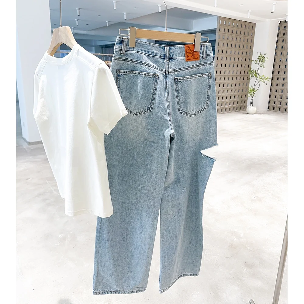 

Mimifa Highly Recommended V*V Pure Original 25 New Faion Versatile Light Blue Hole Denim Jeans Casual High Waist Wide Leg