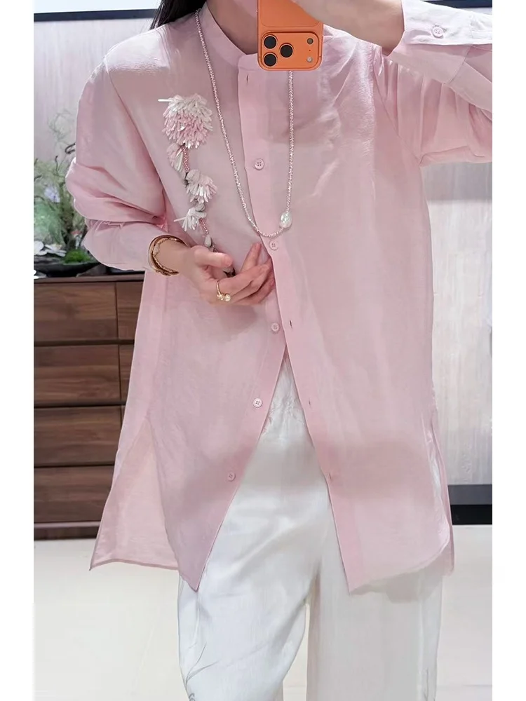 

New Pink Loose Fit round Neck Heavy Embellished Flower Shirts for Women Stylish Versatile Casual Linen Blend Spring Shirt