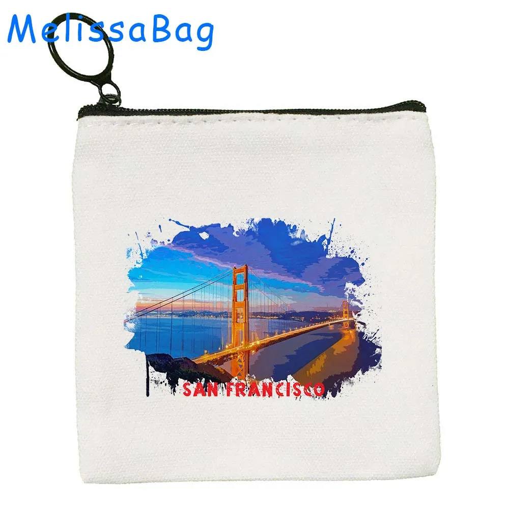 San Francisco Golden Gate Bridge United States Watercolor Ink Oil Paintings Canvas Coin Purse Key Case Bags Wallet Zipper Pouch