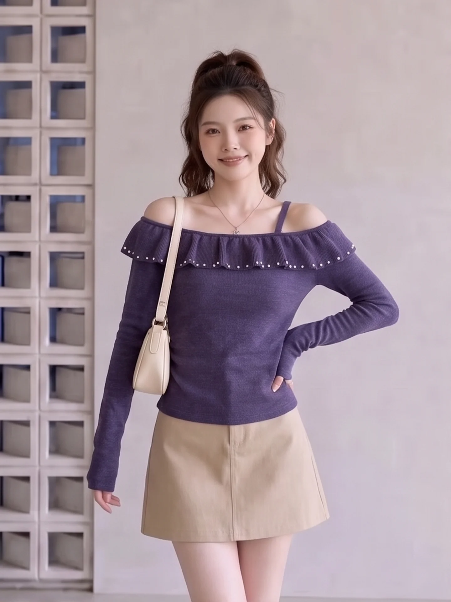 Women's Knitted Long Sleeve Sweater Heavy Embellishment Asymmetrical Shoulder Slim Fit Inner Wear Base Top for Autumn Citywalk