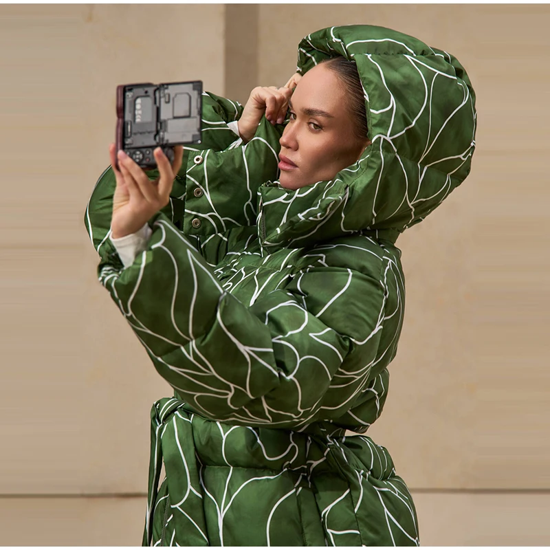 Leopard Print Hooded Puffer Women's Winter Coat Belted Waist Midi Length Padded Jackets for Woman Jacket Warm Streetwear