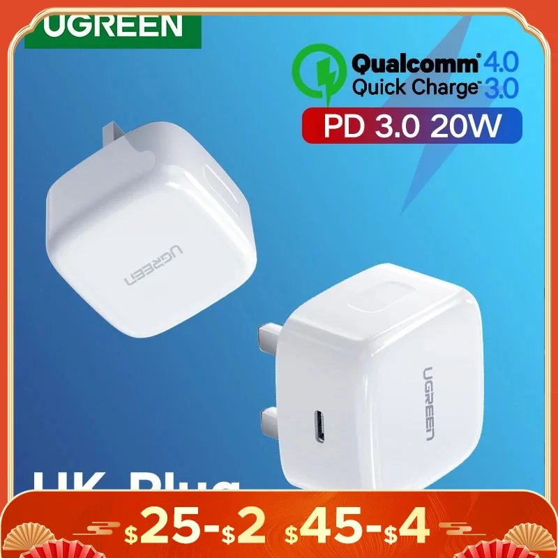 【UK Plug】UGREEN Quick Charge 4.0 3.0 QC PD Charger 20W USB Type C Fast Charger for iPhone 15 14 13 Pro Xiaomi Phone PD Charger