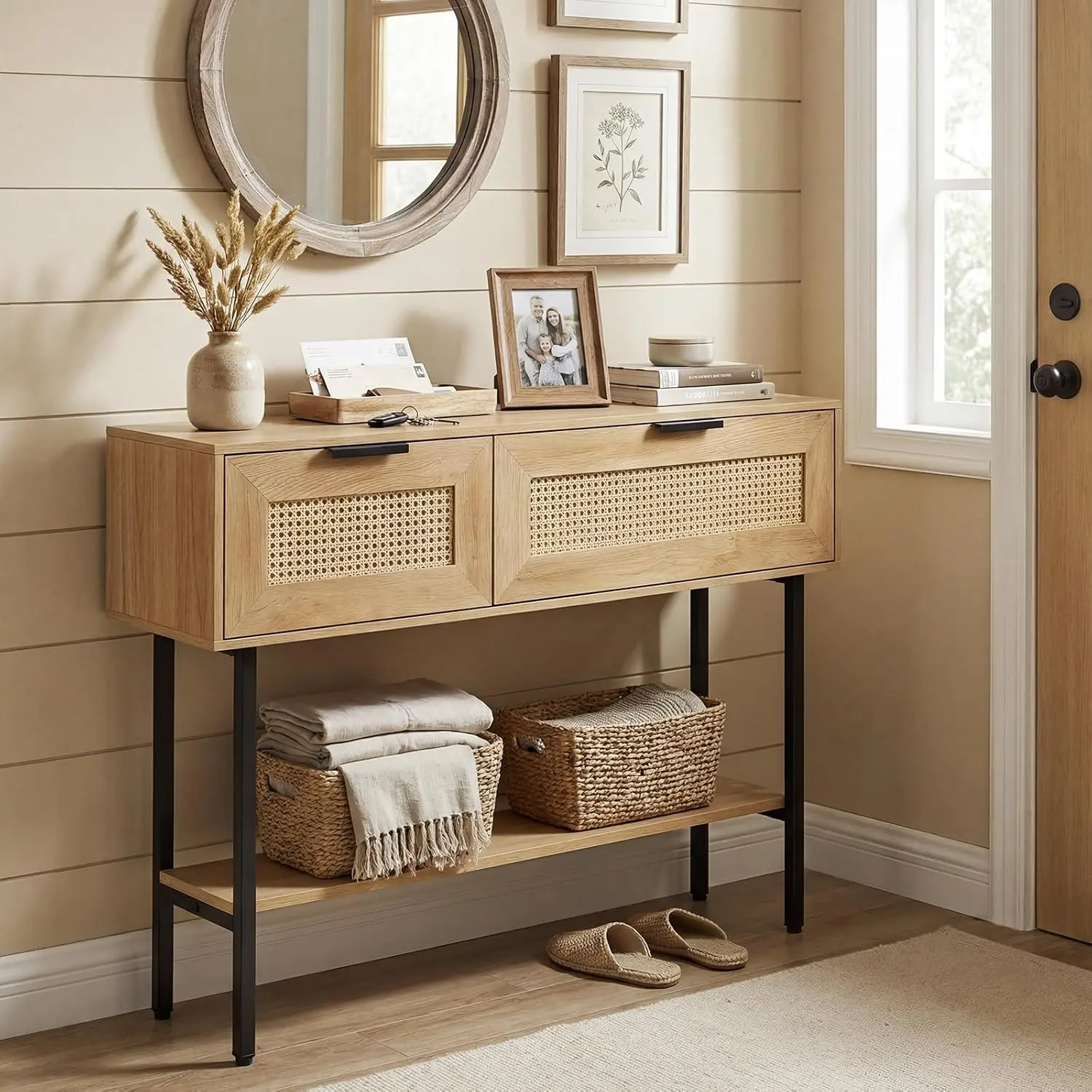 Rattan Console Table w/ Storage, 40