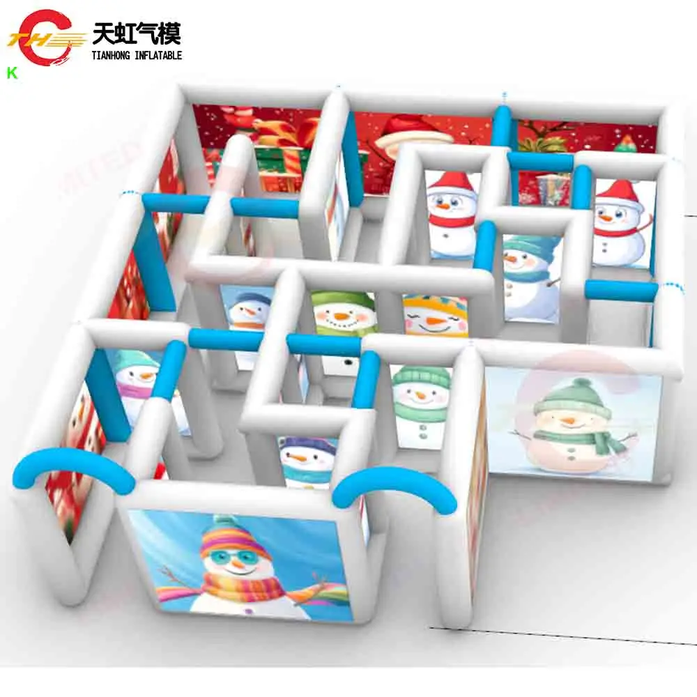 Free Ship Snowy Christmas Inflatable Maze Tag Blow Up Snowman Puzzle Maze House with Printing for Xmas Party Rental