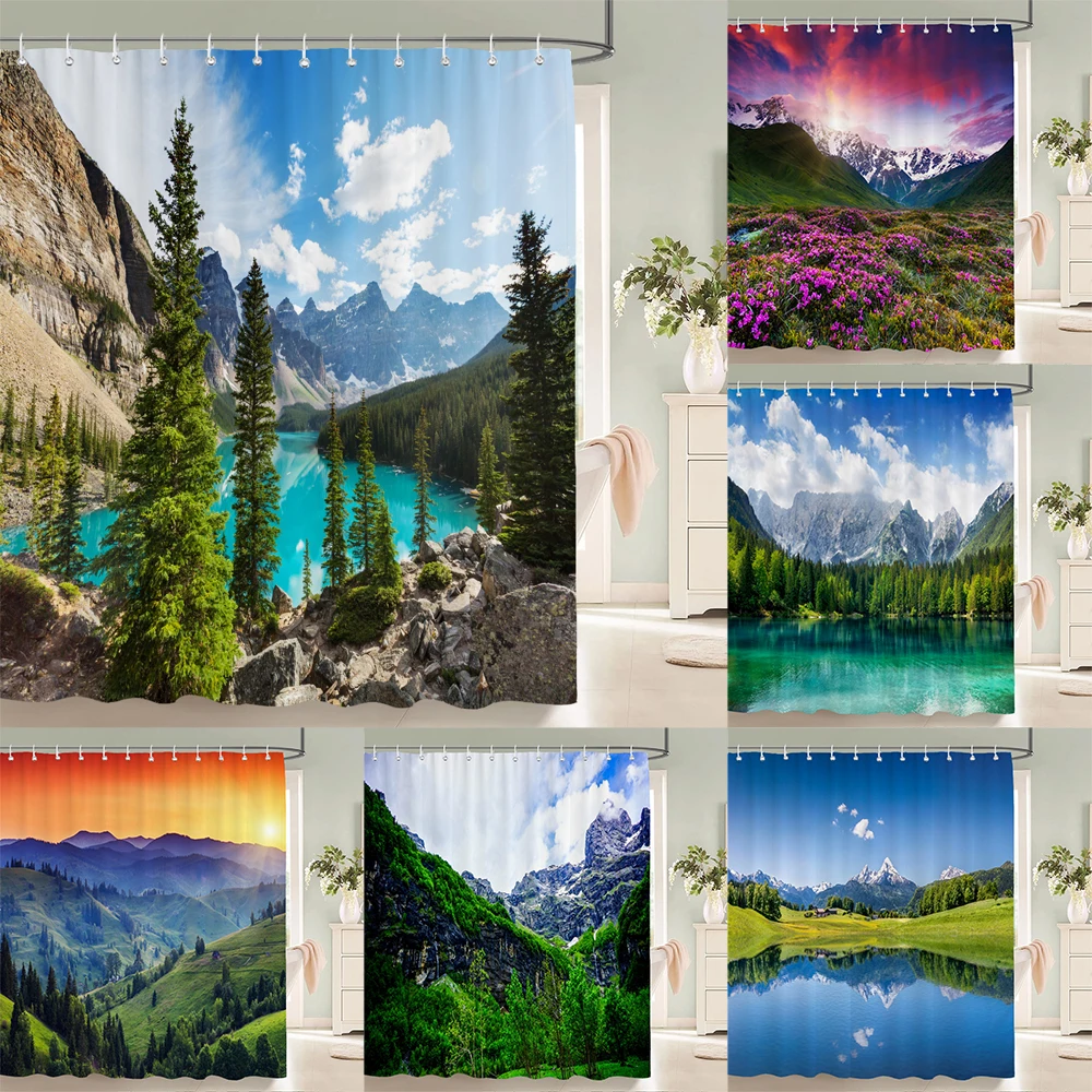 

3d Printed natural Mountains Forest landscape Shower Curtain Polyester Fabric Waterproof Bathroom Curtains With Hooks 180*180