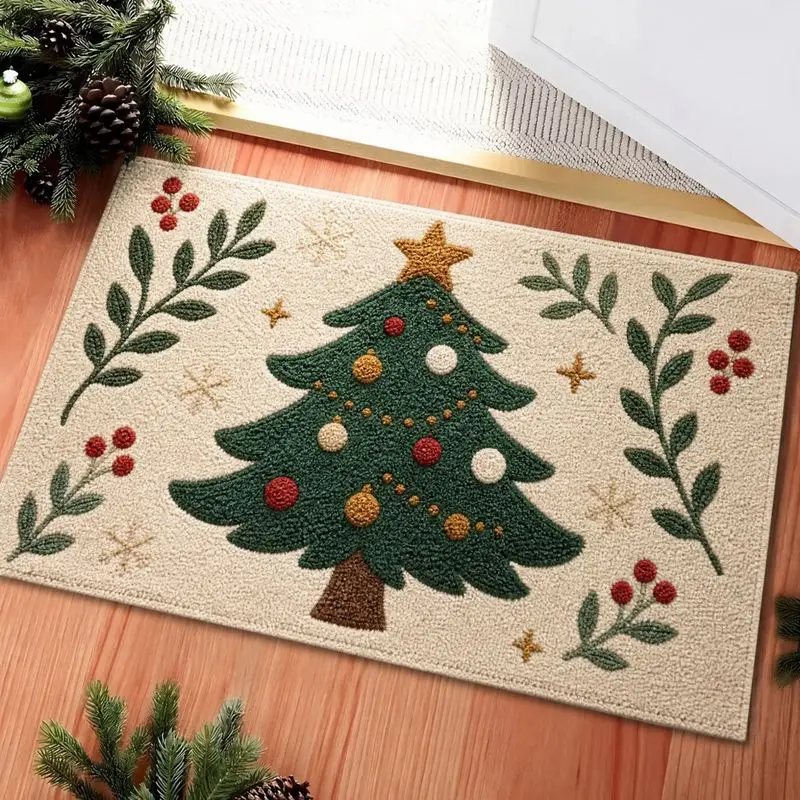 VIKAMA Geprägte Weihnachtsbaum-Fußmatte, Waschbar, Rutschfest, Pflegeleicht, für Innen- und Außenbereich, Eingangsmatte, 2027 Neujahrs-Heimdekoration – Detail 1