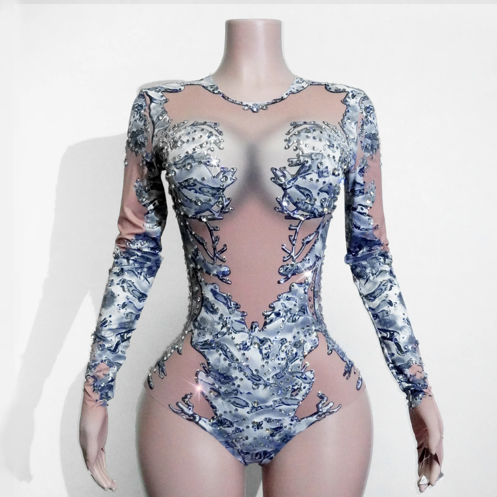 

The Dazzling Sexy Water Diamond Longsleeved Tightfitting Dress Stage Partyclub Singer Singing Steel Pipedance Drag Queen Costume