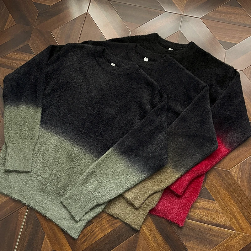 

Autumn Winter Gradient Sweater For Men Simple Round Neck Fleece Knitted Top American Casual Fashion Male Thick Pullover Tops