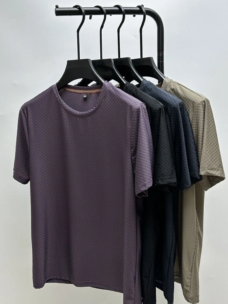 Premium Fashion Waffle Ice Silk T-shirt for Men\'s Youth Summer Round Neck Short Sleeve Brand Trendy Loose Breathable Luxury Top