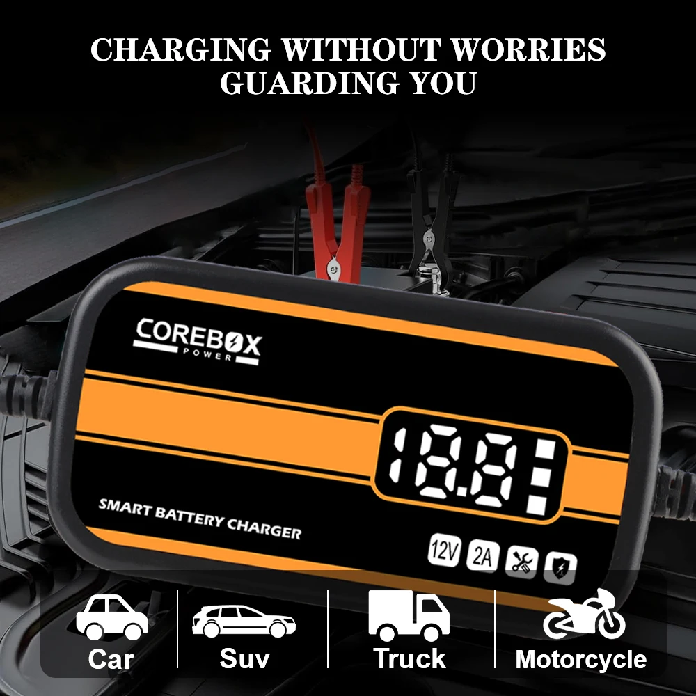 Intelligent Car Motorcycle Battery Charger 12V 2A for Car/RV/ATV/Boat with LCD Display Automatic Lead Acid AGM Gel Charger