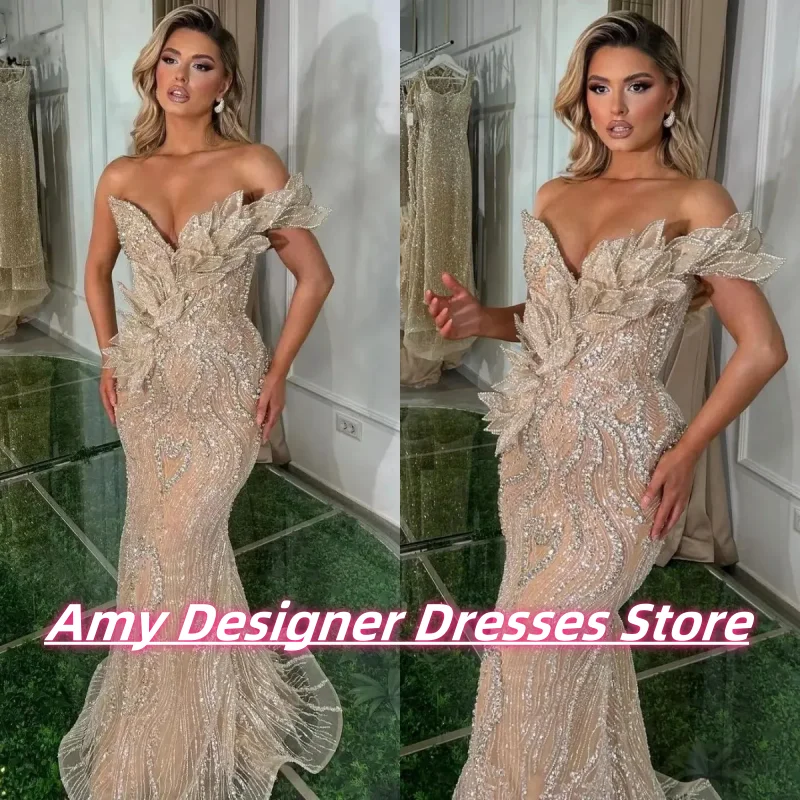 

2025 Sequin Evening Dress Arabic Flowers Applique Crystal Mermaid Luxury Party Gowns For Females Vestido De Gala Customized