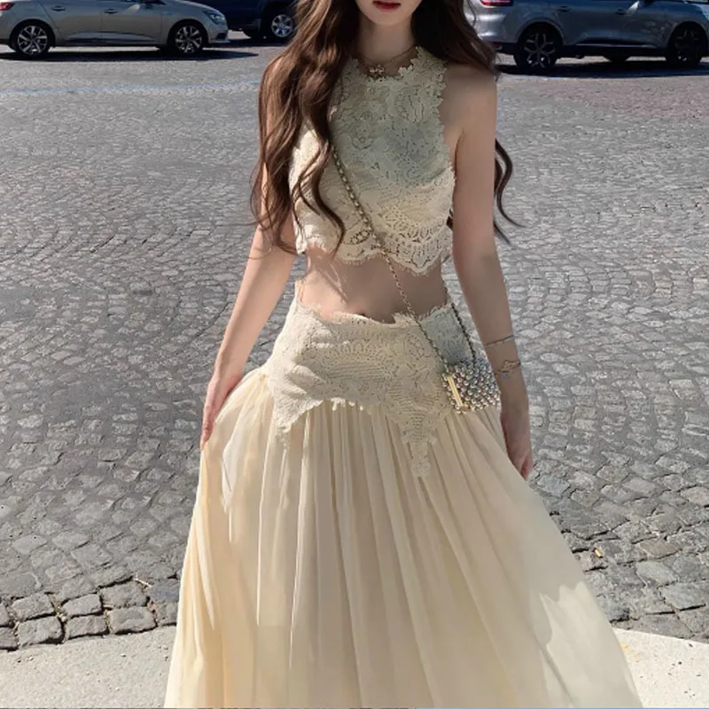 

Высококачественный женский кружевной жилет без рукавов, топ с высокой талией, длинная юбка, комплекты женской французской летней милой девушки, женская одежда из двух предметов