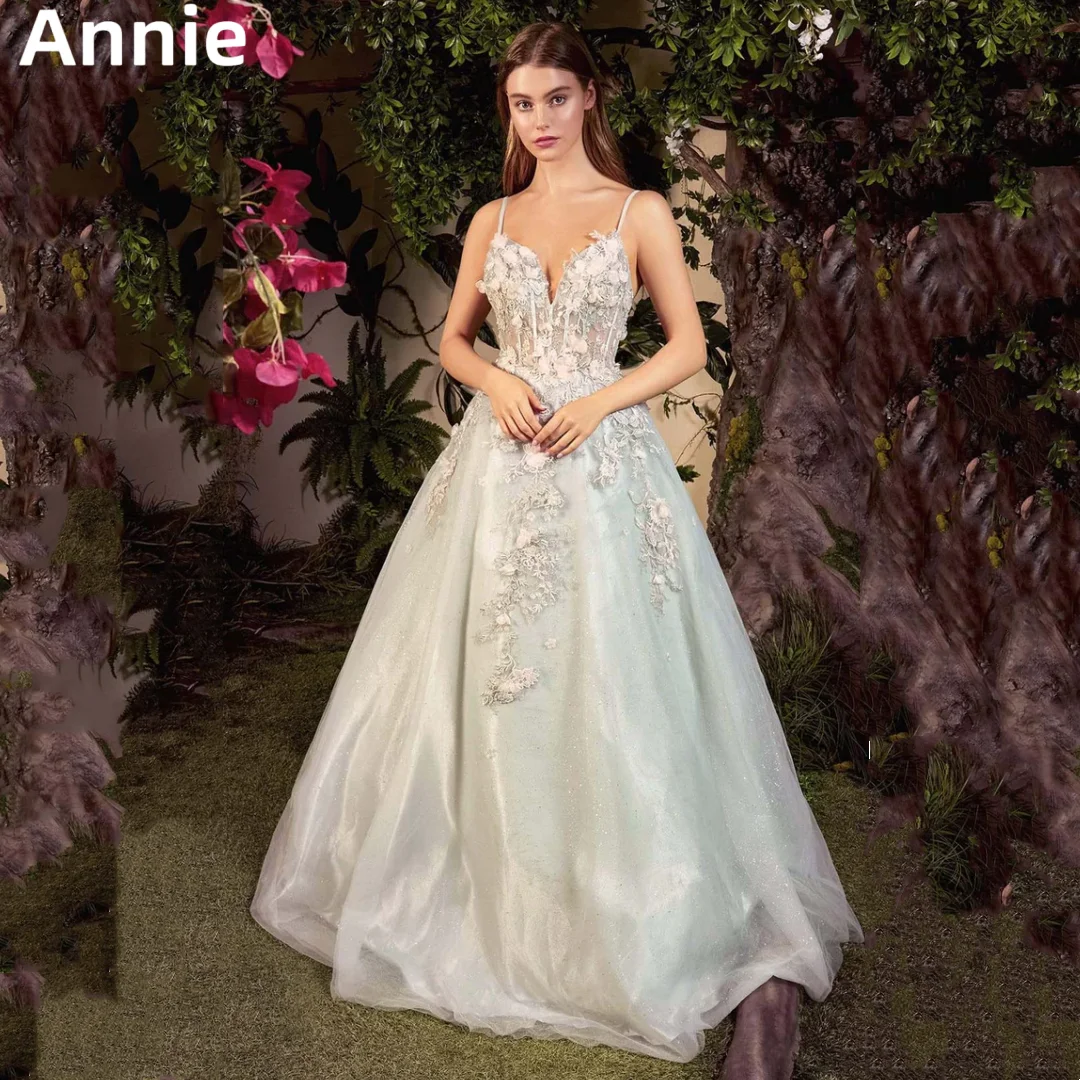 

Annie Lace 3D Applique Prom Dresses Glitter Tulle Light Green Evening Dresses V-neck Bustier Party Dresses 2024Vestidos De Noche