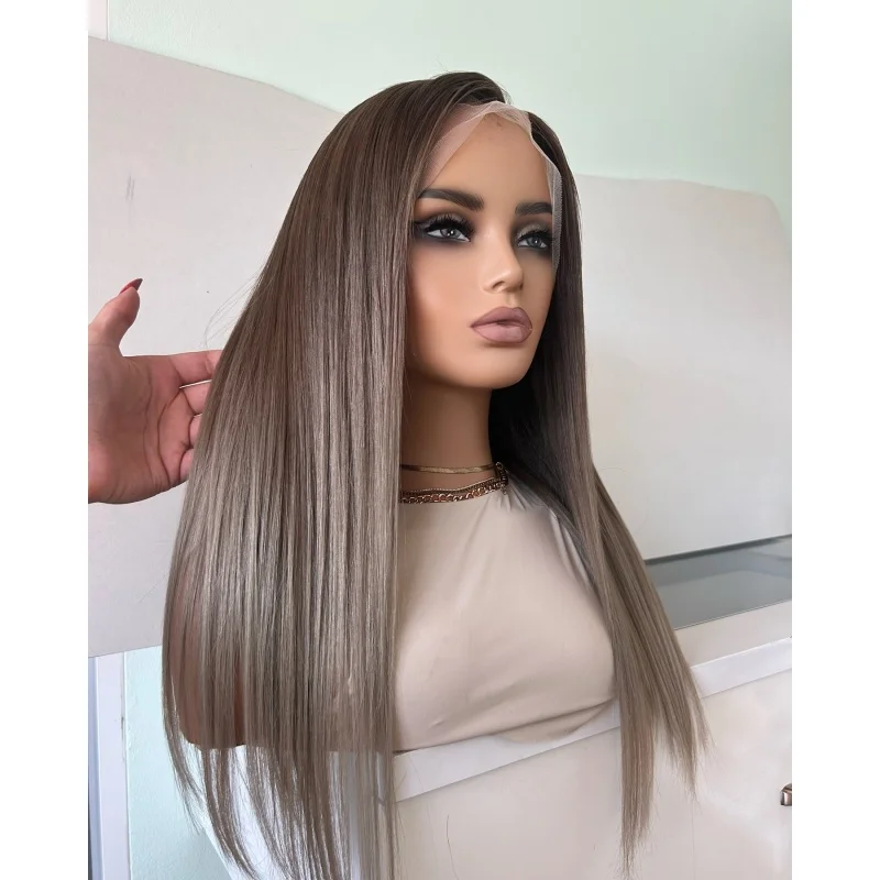 Parrucca sintetica in fibra premium Ombre marrone cenere diritta 13x4 parrucca anteriore in pizzo per le donne uso quotidiano densità 180%