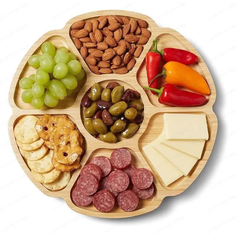 Bambus-Serviertablett mit 5 Fächern, Blumenförmiger Nordischer Stil Große Snackplatte für Zuhause und Kinderpartys