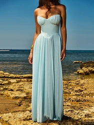 Mozision Off-shoulder Backless Pleated Maxi Dress For Women Fashion Strapless Sleeveless High Waist Bodycon Sexy Long Dress