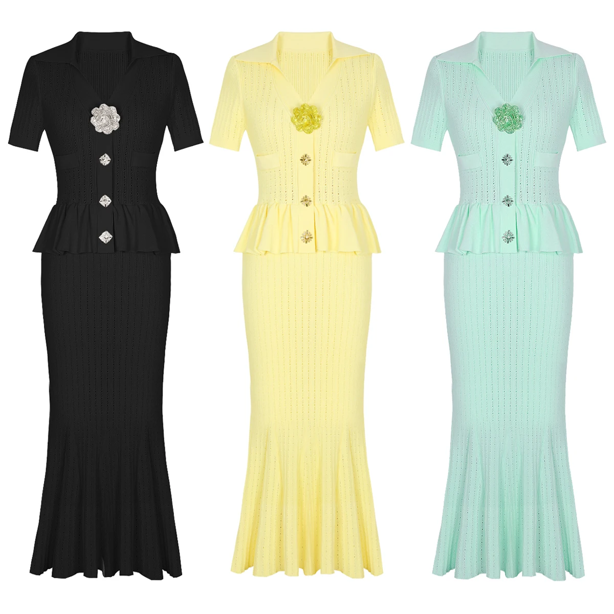 

High Quality New Fashionable Knitted Collar Slim Fit Short Sleeved Three-dimensional Flower Button Long Women's Dress