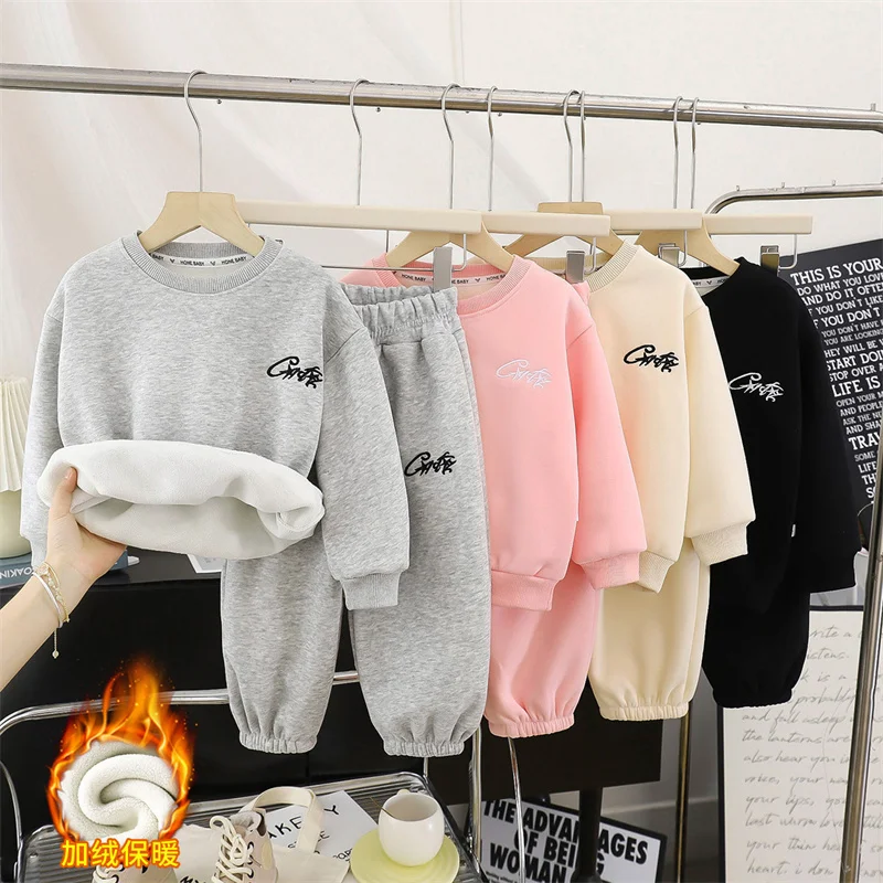 

Winter Boys Sets Girls Thickened Suit Children Plush Velvet Sweatshirt Trousers 2Pcs Autumn Sports Outfits Kids Fashion Clothes