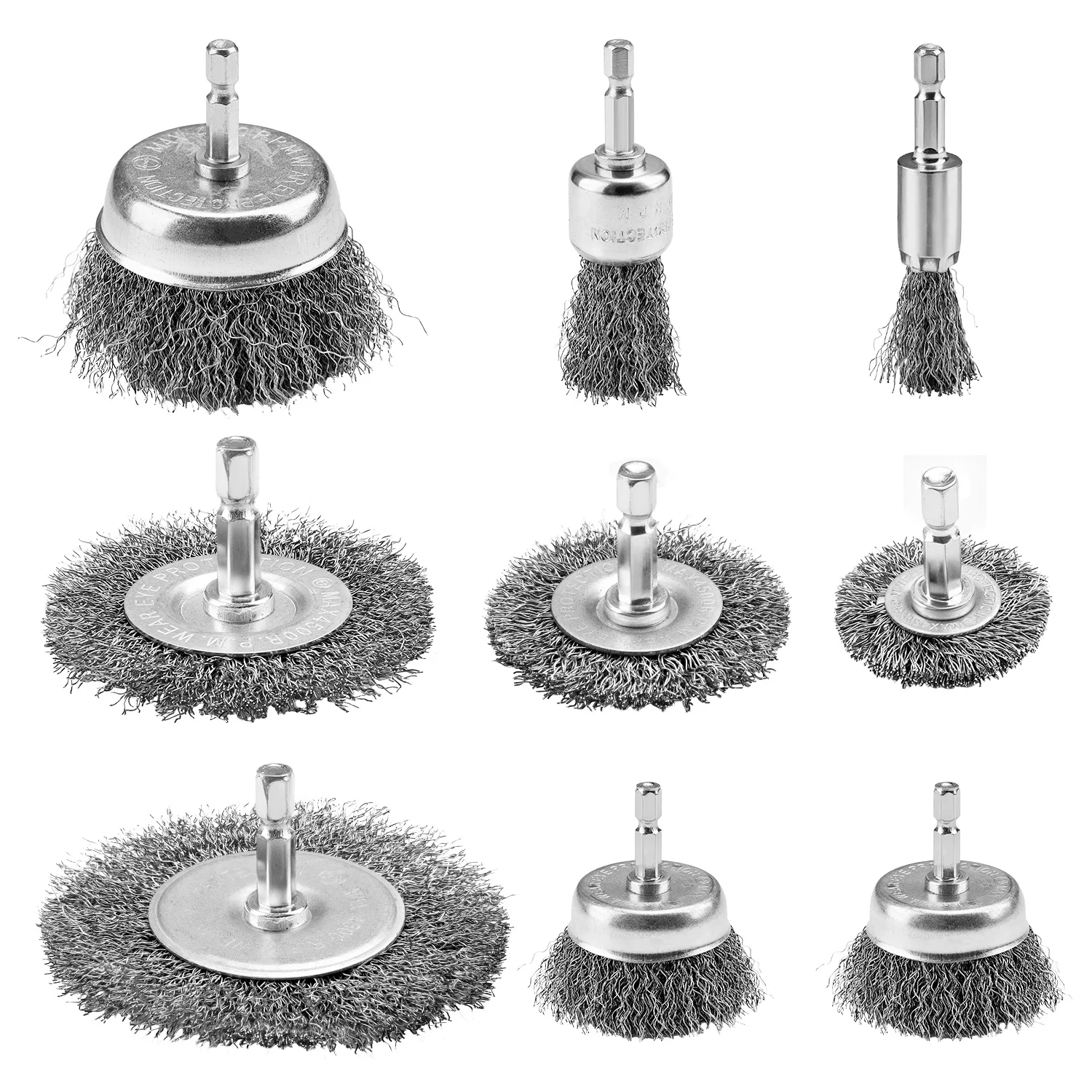 SI FANG 9-Piece Wire Brush Wheel Set for Drill Carbon Steel Crimped Cup Brush with 1/4 Inch Hex Shank for Cleaning And Polishing