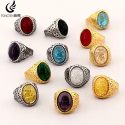 Fongten Vintage Viking Rune Stainless Steel Men's Ring Palace Style Personality Broken Natural Stone Aillons Fashion Jewelry
