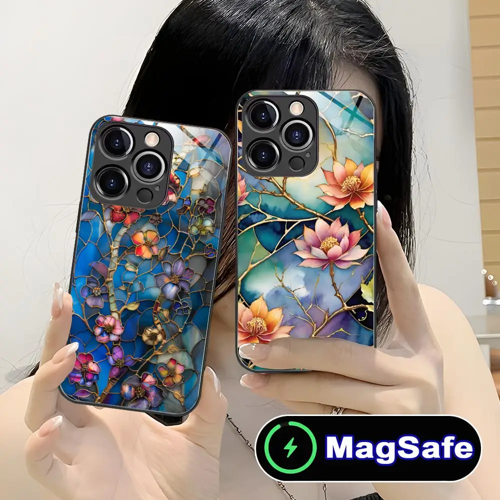 

Чехол для мобильного телефона с блестящими цветами для iPhone 17, 16, 15, 14, 13, 12, 11 Air Pro Max Plus Mini MagSafe, стеклянный цветной чехол