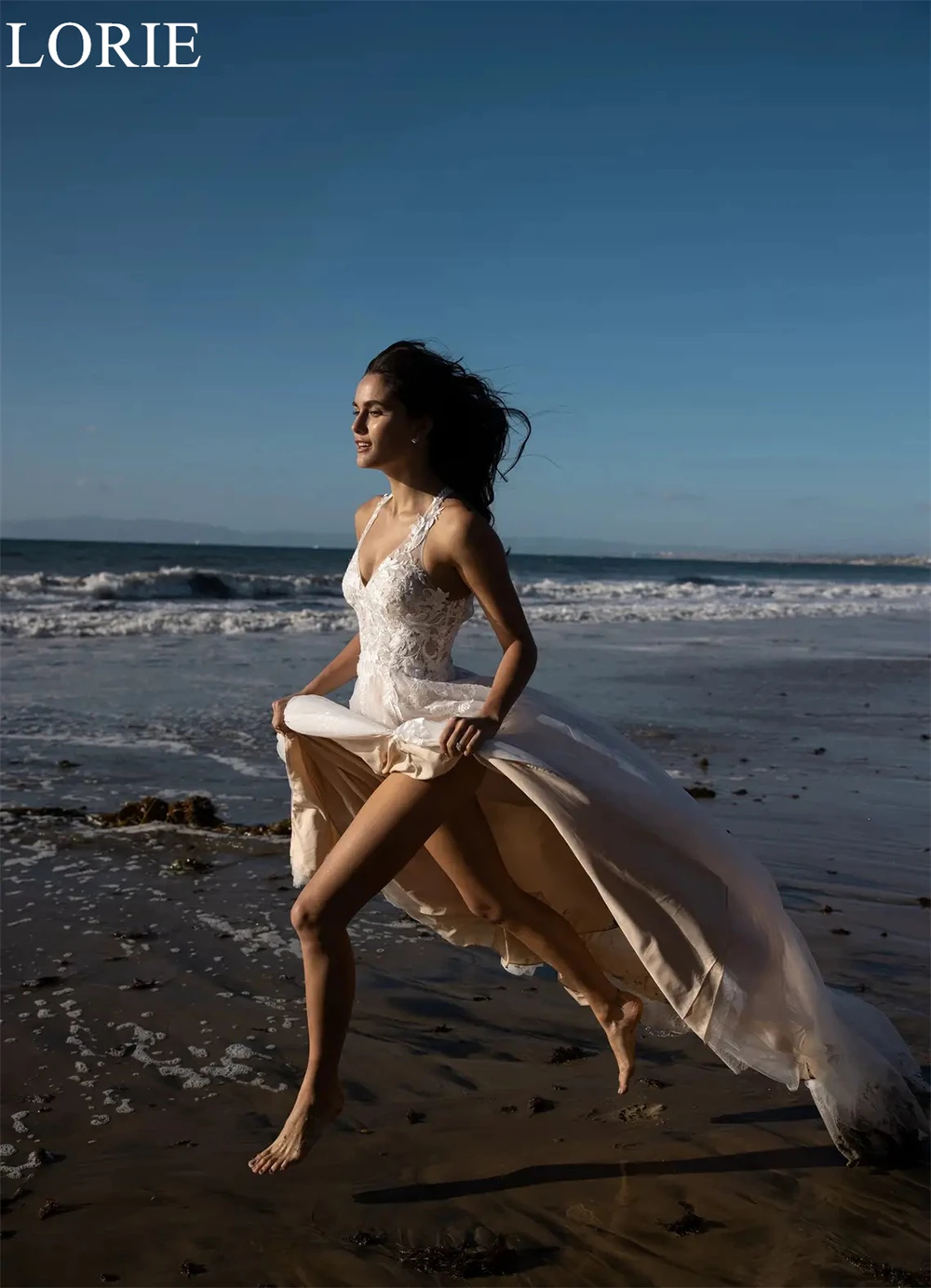 LORIE BO00-Robes de mariée en tulle, robe de Rhde mariée plissée, robe de patients à fente latérale, A-ligne, bretelles spaghetti, appliques à col en V, personnalisées