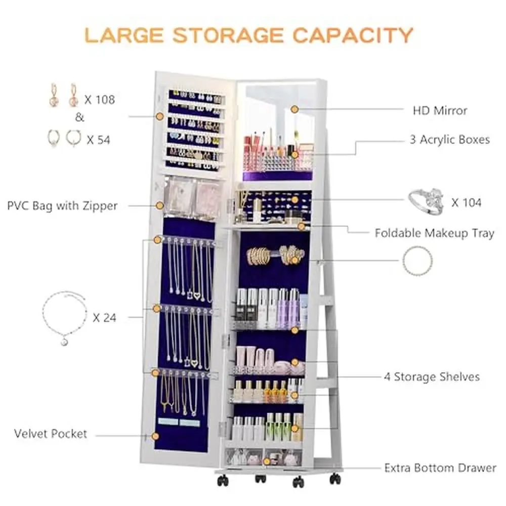 Jóias Armário LED Espelho Armário, 360 ° Rotativo, Comprimento Total, Grande Capacidade, 3 Cores, Organizador Regulável, Suporte de Maquiagem, Sem Madeira, 4