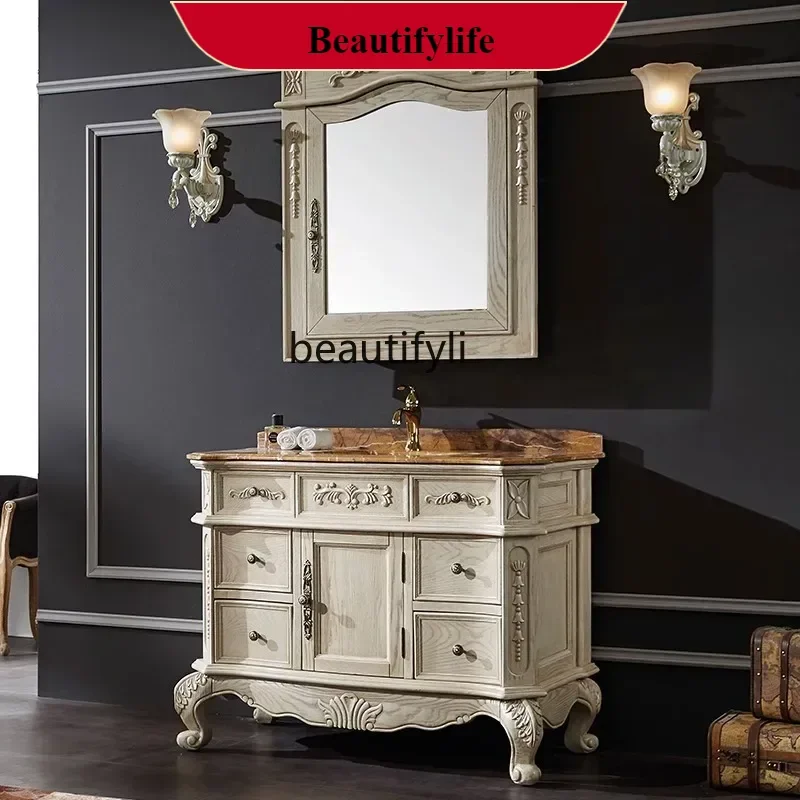 

A185 European bathroom cabinet Red oak solid wood American washstand Marble washbasin