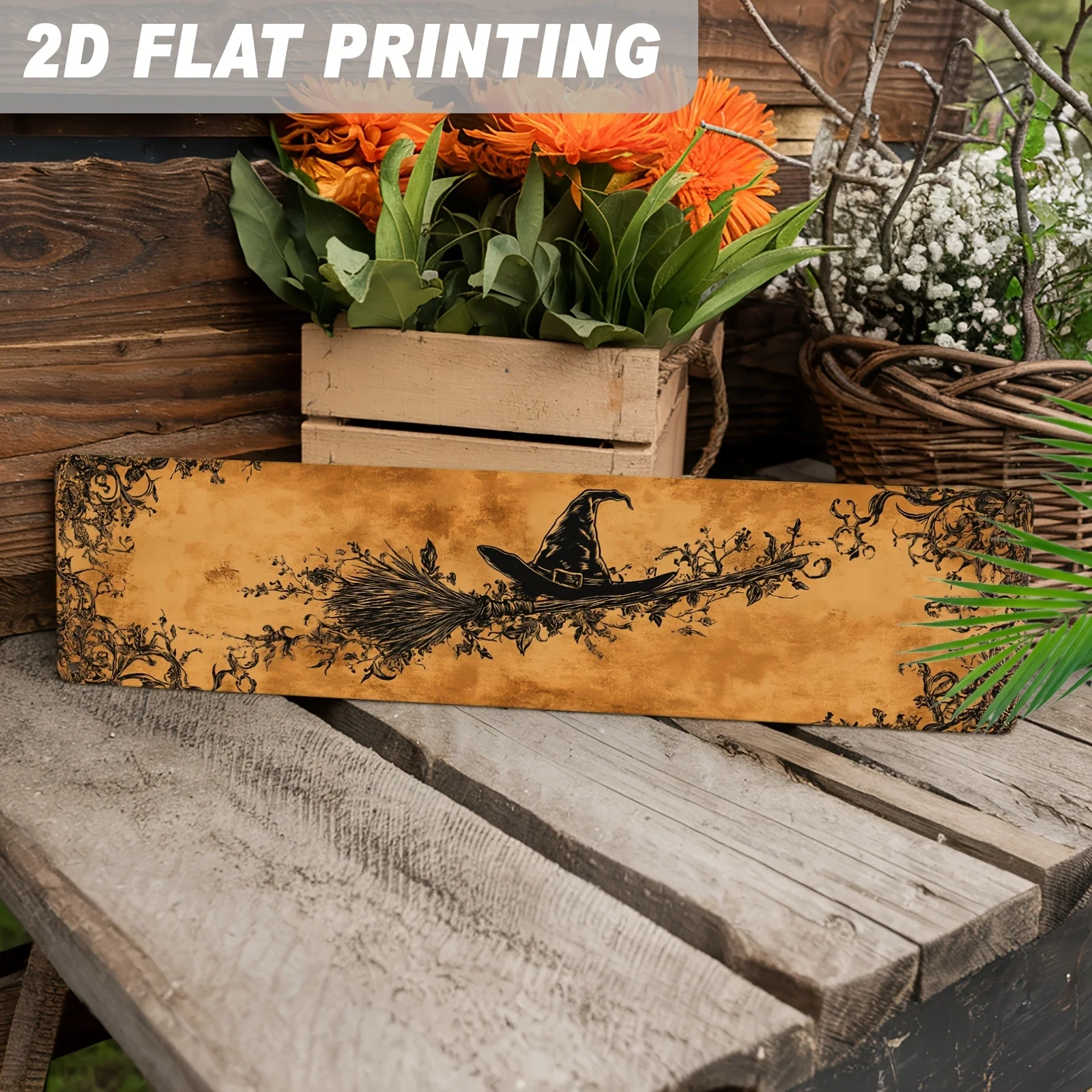 1pc Witch Hat on Broomstick with Floral Vines Metal Sign Halloween Theme Wall Hanging Vintage Artistic Style Decor for Home