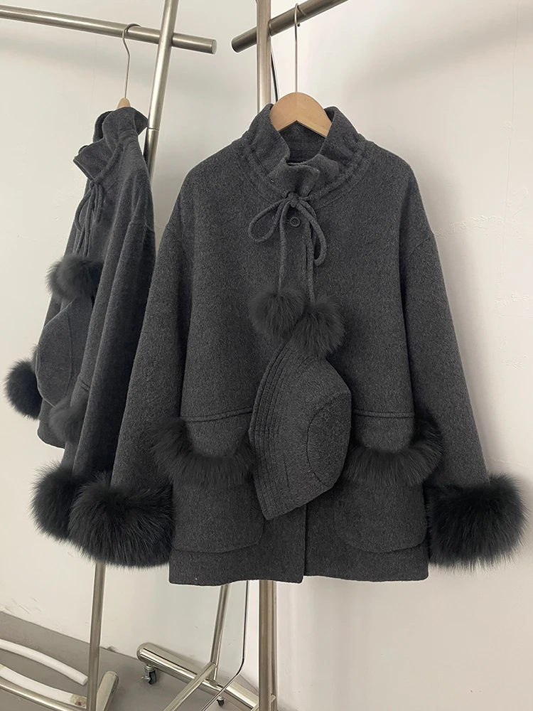 신상 여성 루즈핏 리얼 폭스 퍼 100% 울 코트 모자 포함 천연 모피 캐시미어 울 재킷 여성 가을 겨울 상의