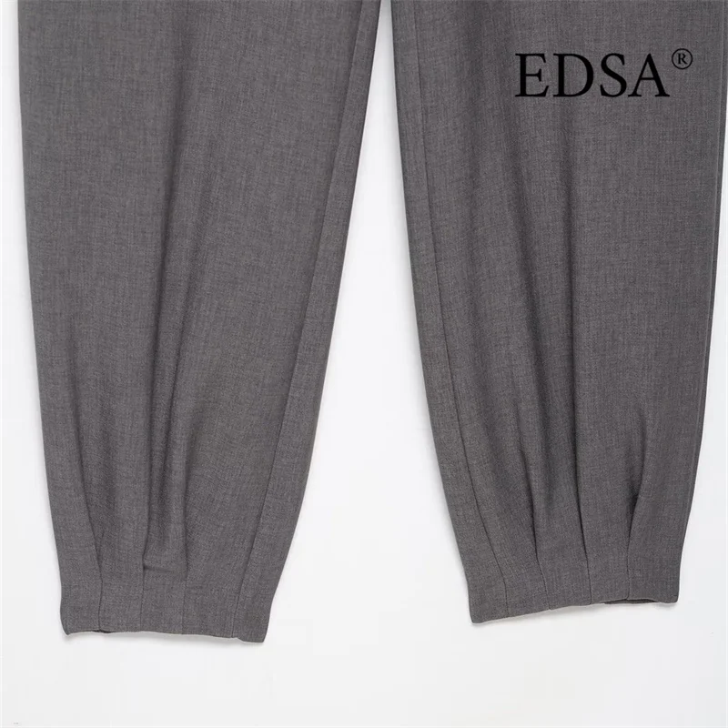 EDSA Calças femininas cinza puff para senhora do escritório cintura média com botão interno calças compridas