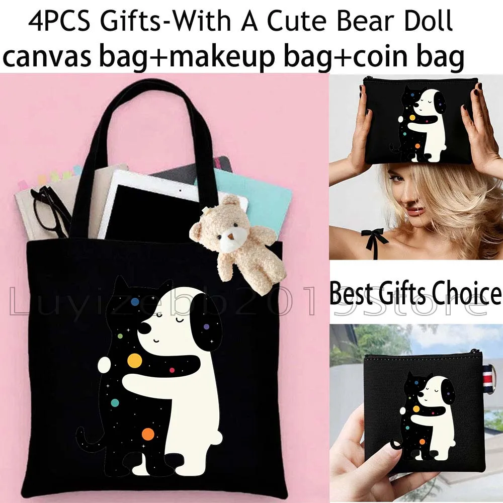 4PCS Gifts More Hugs Less Fights Cute Panda Big Hugs Canvas Totes Bag Handbag,Cosmetic Makeup Bag,Coin Purse Wallet Zipper Pouch