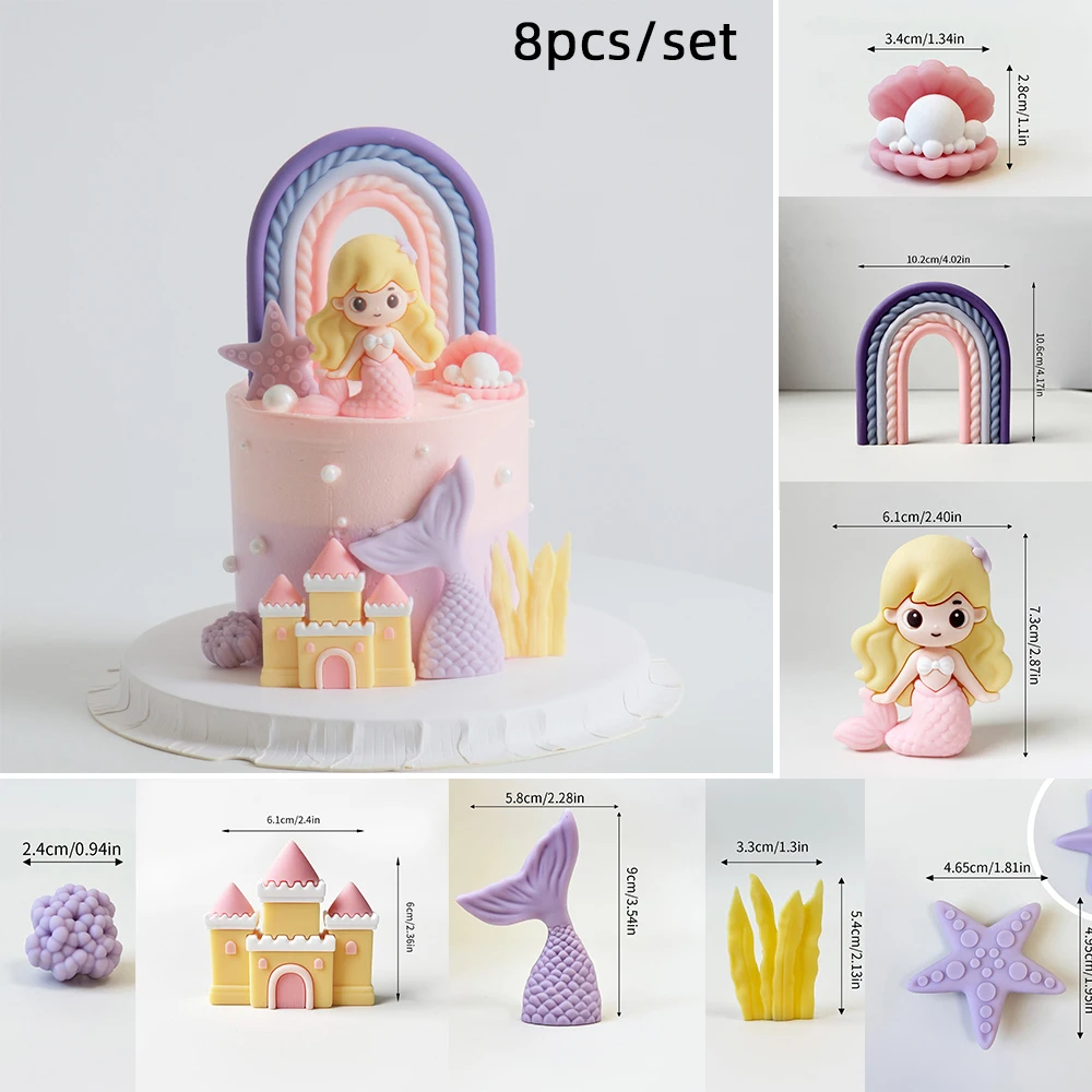 Meerjungfrau Kuchen Topper Regenbogen Schwanz Shell Schloss Tisch Ornamente Prinzessin Mädchen Baby Party Liefert Seestern Auto Kuchen Dekorationen – Detail 6