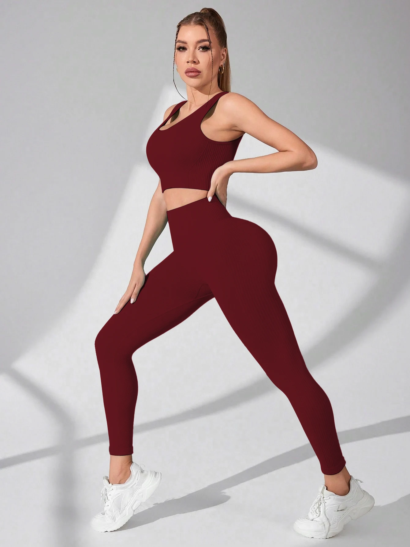 Damen-Trainingssets, 2-teilig – nahtlose Yoga-Leggings und Sport-BH mit überkreuzten Trägern, Fitnessstudio-Outfits, Activewear-Matching-Set – Detail 6