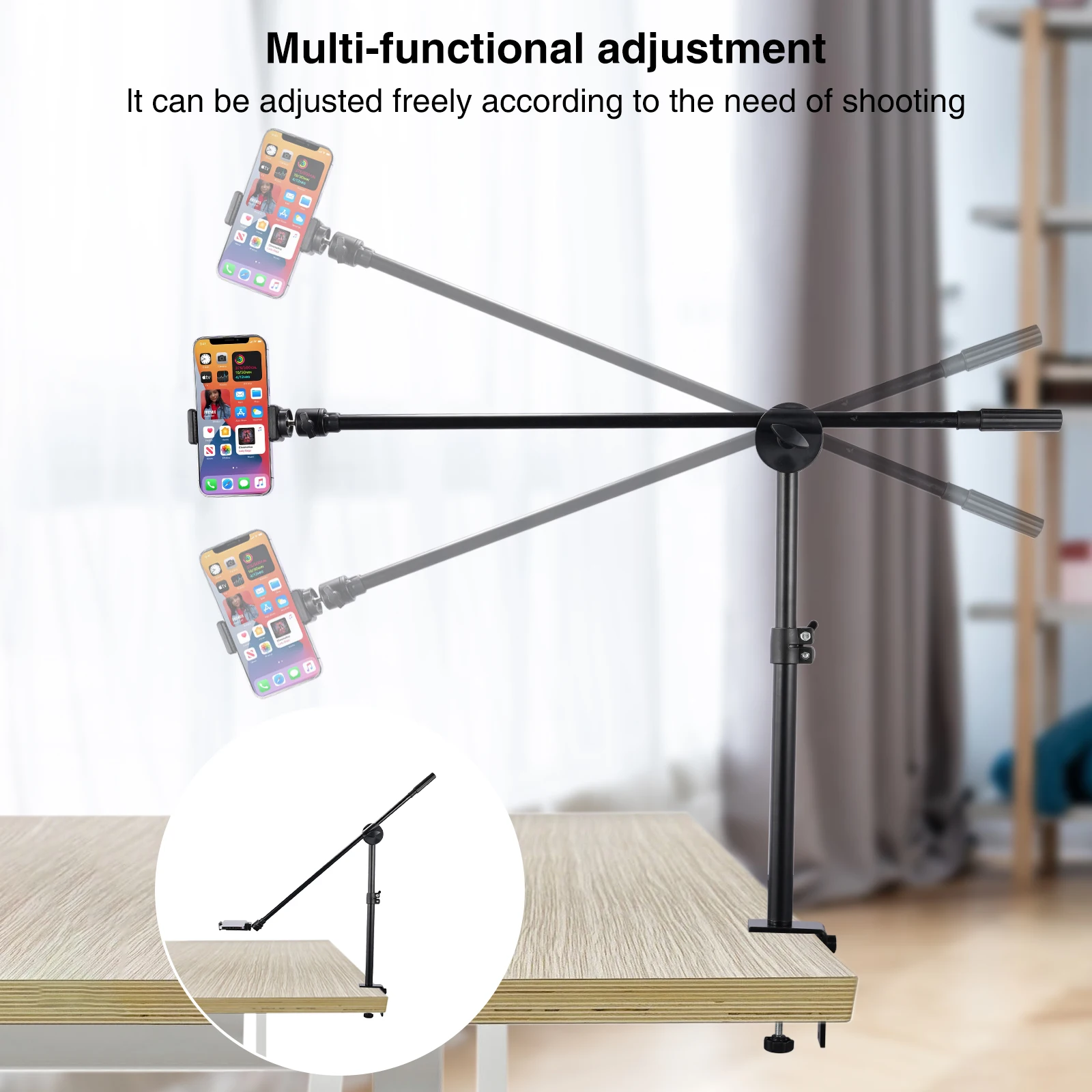 Overhead Desk Mount with Phone Holder & 360° Ballhead Table C-Clamp for Webcam Light Live Streaming Holding Arm