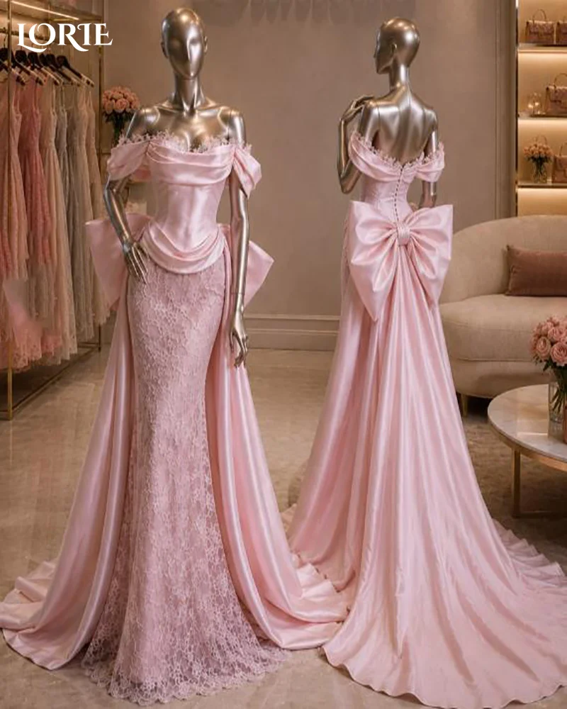 

LORIE Shiny Lace Pink Mermaid Evening Dress Off Shoulder Long Appliques Bow Prom Dress V Corset Brithday Party Gown Customized