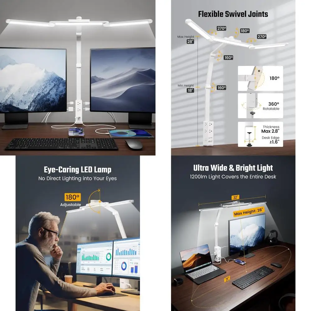 

Desk Lamp with Power Strip, 6 Outlets, USB & Type-C Port, Adjustable Clamp, 5 Color Dimming for Home Office Use