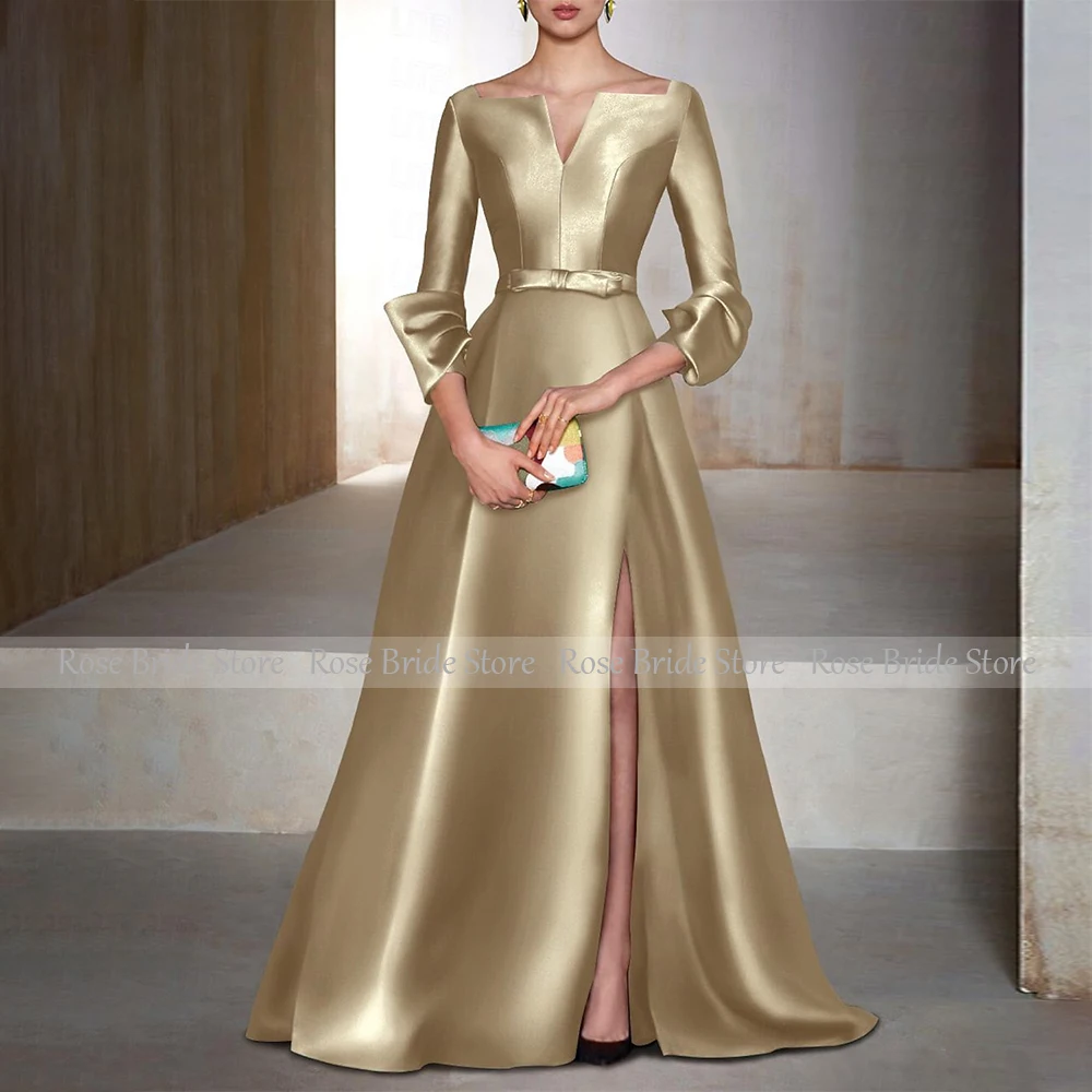 Vestidos formales de satén verde esmeralda para mujer, mangas 3/4, vestidos de noche elegantes de línea A, vestido de noche con cinturón y cuello en