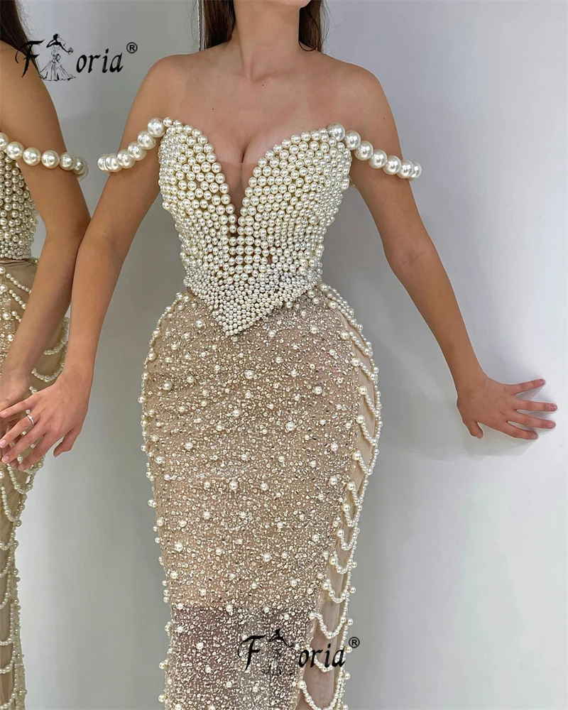 Elegant Full Pearls Beaded Formal Evening Dresses Champagne Tassels Sleeveless Floor Length Prom Dress Celebrity Robe de soiree