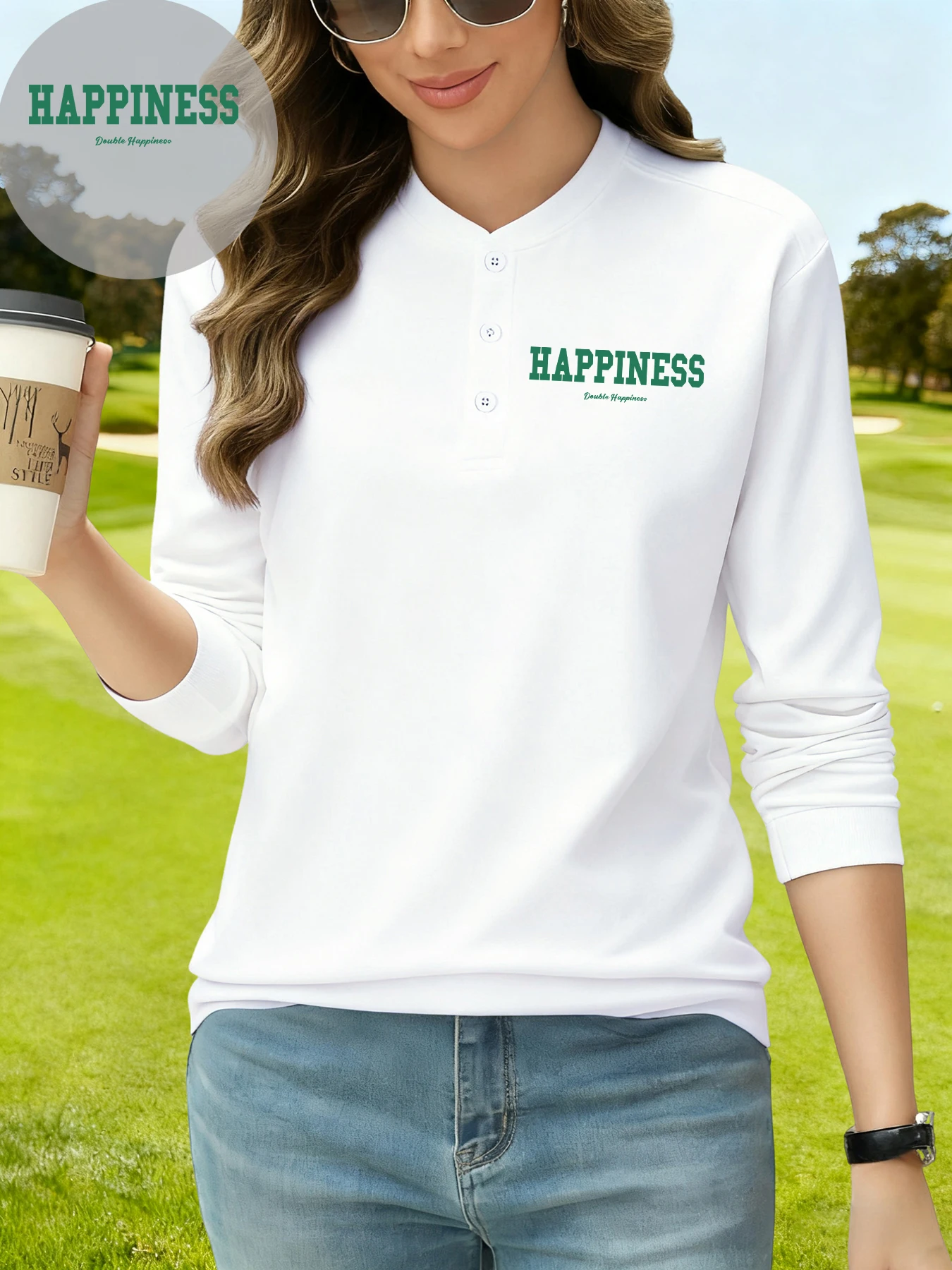 

Today Feeling Happiness Printed Women Basic Shirt Casual Henley Long Sleeve Cotton Sports Sportswear Autumn Henry Neck T Shirts