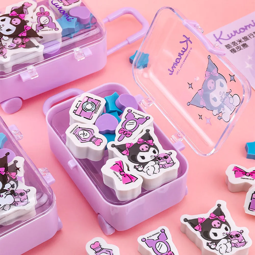 Sanrio Luggage Case Eraser Set Cartoon Kawaii Kuromi Melody Cinnamoroll Pochacco Erasers Christmas Birthday Gifts Girls Toys