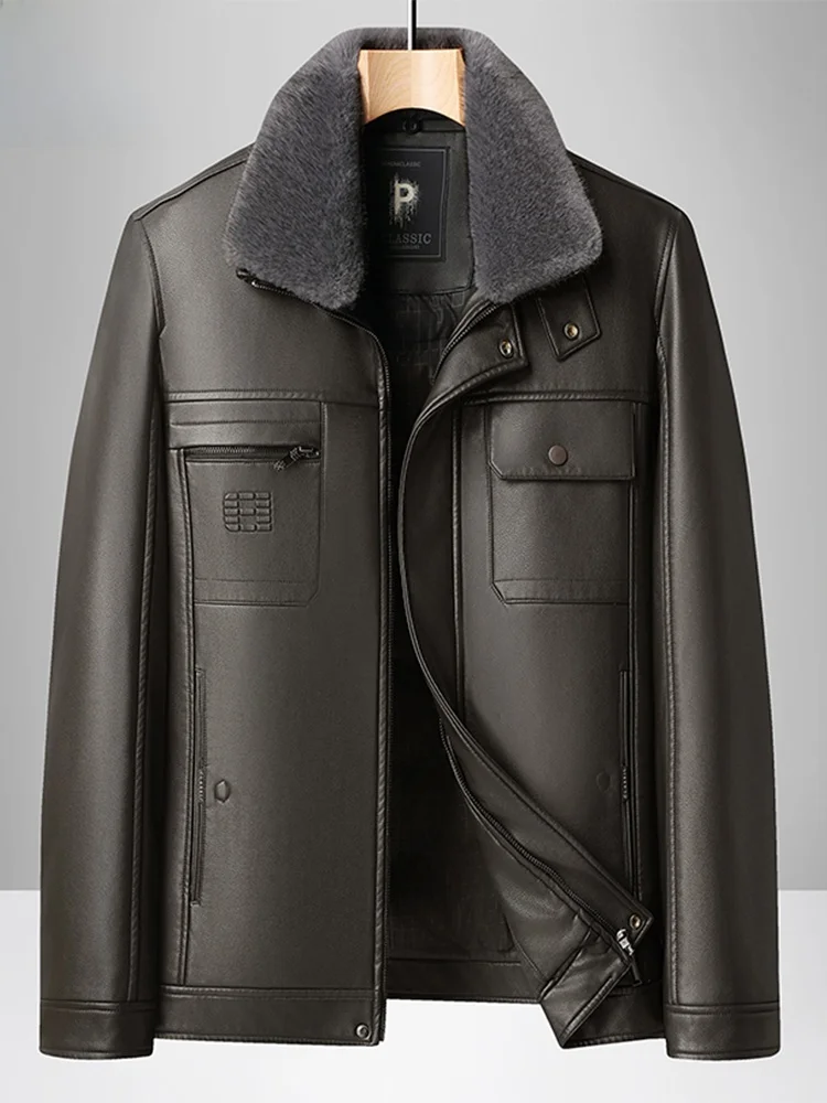 

Thiened Winter Leather Jaet for Men Removable Fur Collar Dad Sle down Leather Coat Casual Loose Fit Long Sve Zipper