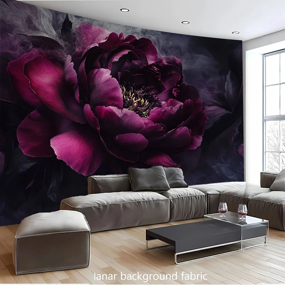 Moody Purple Peony Wall Hanging, Dark Floral Art with Smoky Background Fabric for Bedroom Living Room Aesthetic Decor