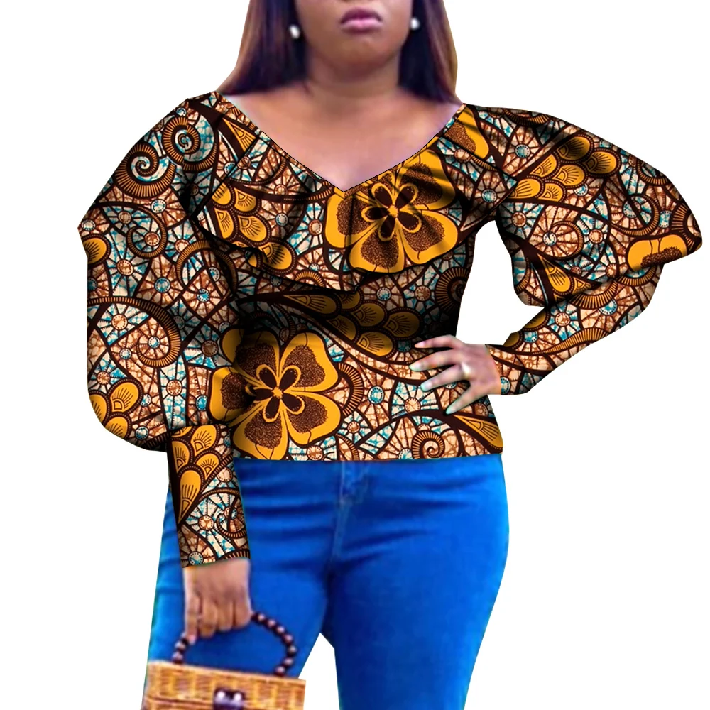 African Women Top Spring Fall Long Sleeve Blouse V-Necklace Ankara Shirt Blouse Plus Size Clothing for Women WY8922