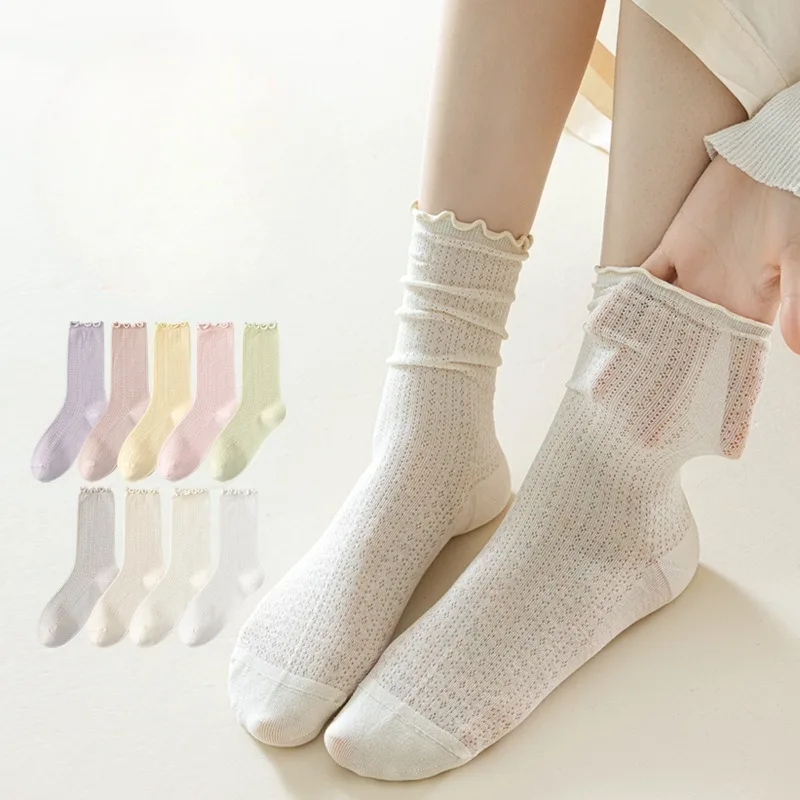 5 Pairs Girls Summer Mesh Breathable Light Thin Multi-colored Mid-calf Simple Cotton Socks Black White Socks Mesh Coquette Socks