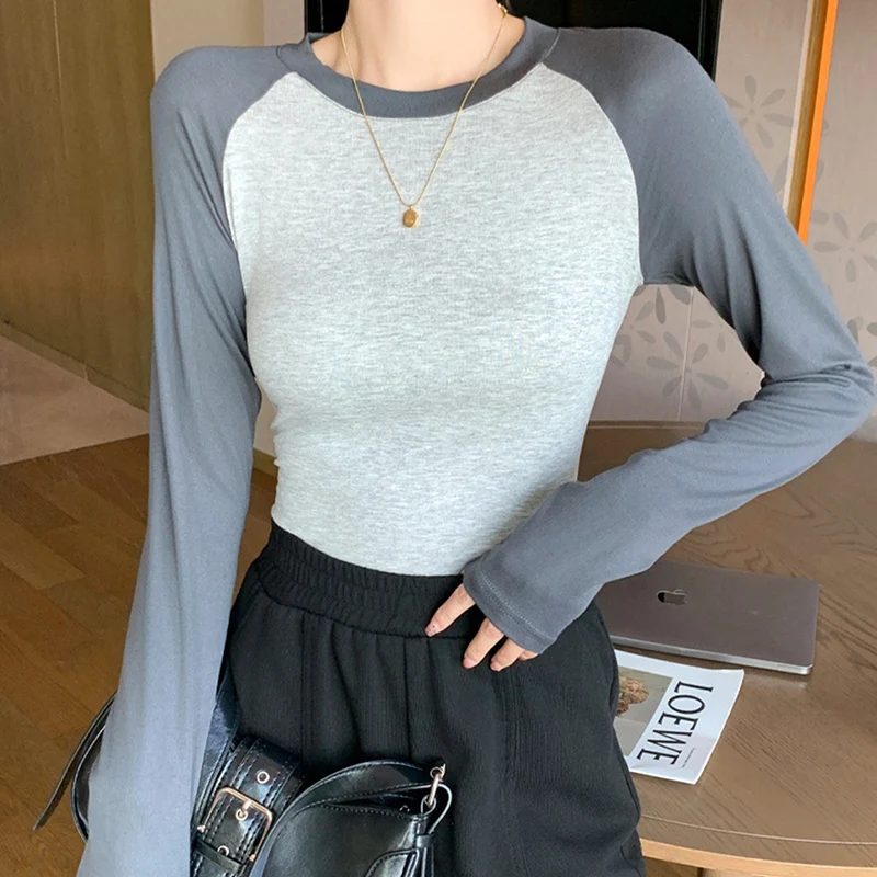 Retro Patchwork Long Sleeve T-Shirts Women Spring Autumn Casual All Match O Neck Contrasting Top Design Sense Soft Base T-Shirts