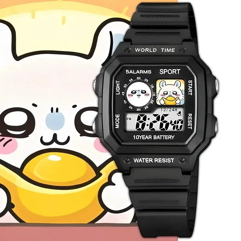 Cute Chiikawa Printed Square Digital Cartoon Watch Pure White Waterproof Multi Function Alarm Clock Wristwatch Perfect