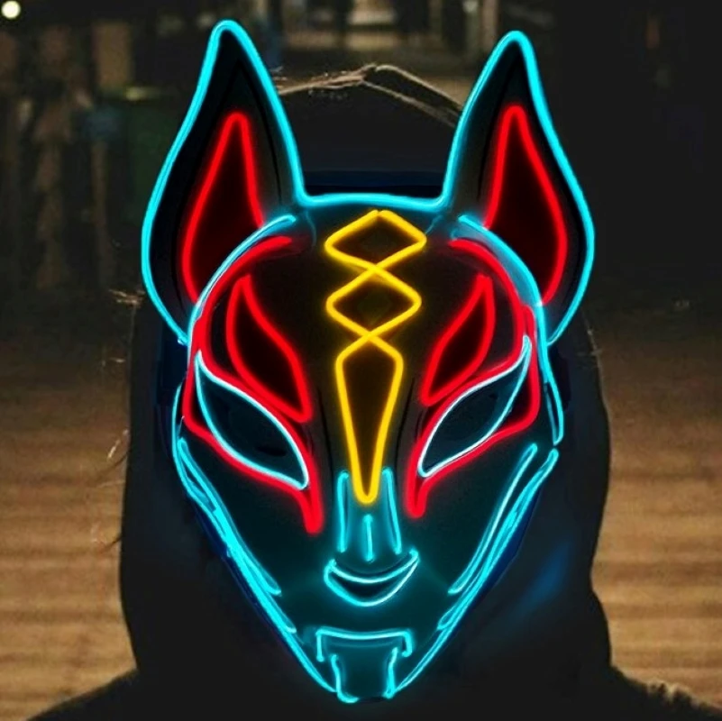 New Halloween Neon Japanese Mask LED Glowing Fox Face Mask Luminous Light Up Carnival Masquerade Party Fox Mask Costume