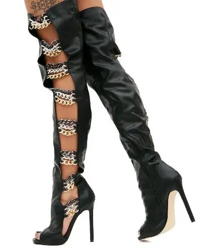 

Sexy Women Gold Sliver Chains Decor Hollow Peep Toe Stiletto Heel Over The Knee Boots Night Club Party Long Boots Shoes Size 43
